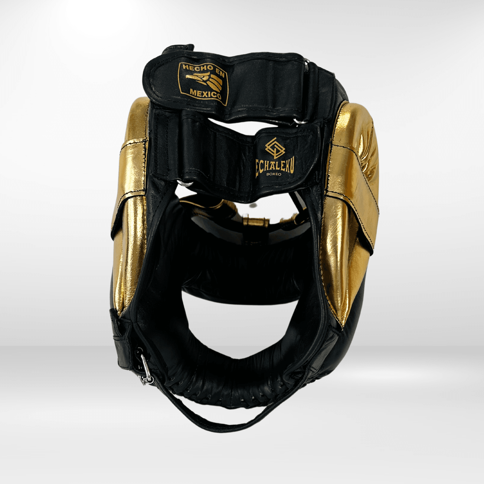 Casco Boxeo Barra Piel Completa Sparring Negro y Bordado Dorado - Echaleku Boxeo